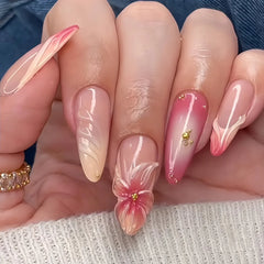 Cyflymder 24Pcs French Gradient Water Ripple Press on Fake Nails Long Stiletto Reusable False Nails with 3D Red Flower Smudge Manicure Tip