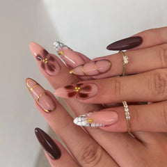 Cyflymder 24Pcs Long Almond Fake Nails Press on Leopard Print French Full Cover Nails Tips with Jelly Glue Detachable Finished False Nails