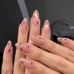 Cyflymder 24Pcs Mid-length French Almond Full Cover Nails Tips Pink Smudge Detachable False Nails Bow Heart Rhinestone Press on Fake Nails