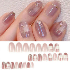 Cyflymder Nude Pink Wearable Nail Tip Art Glitter Powder Pearl Rhinestones Fake Nail Full Finished False Nail Press on Nails Glue Manicure