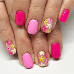 Cyflymder 24Pcs Short Square Head Press on Fake Nails White Daisy Detachable False Nails Pink Smudge Grid Design Full Cover Nails Tips Art