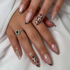 Cyflymder 24Pcs Long Almond Fake Nails Press on Leopard Print French Full Cover Nails Tips with Jelly Glue Detachable Finished False Nails
