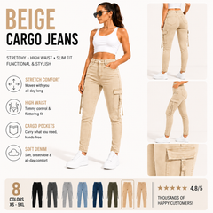 Women's High Waisted Stretch Cargo Jeans with Pockets