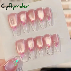 Cyflymder 10pcs Aurora Cat Eye Coffin Handmade Press on Nails Cherry Blossom False Nails Sweet French Tip Nail Art Wearable Manicure Nails