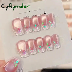 Cyflymder 10pcs Aurora Cat Eye Coffin Handmade Press on Nails Cherry Blossom False Nails Sweet French Tip Nail Art Wearable Manicure Nails