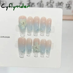 Cyflymder 10pcs Aurora Cat Eye Coffin Handmade Press on Nails Cherry Blossom False Nails Sweet French Tip Nail Art Wearable Manicure Nails
