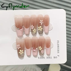Cyflymder 10pcs Aurora Cat Eye Coffin Handmade Press on Nails Cherry Blossom False Nails Sweet French Tip Nail Art Wearable Manicure Nails