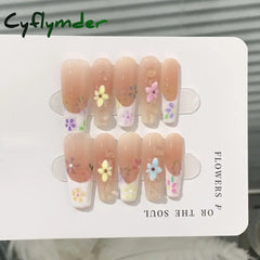 Cyflymder 10pcs Aurora Cat Eye Coffin Handmade Press on Nails Cherry Blossom False Nails Sweet French Tip Nail Art Wearable Manicure Nails