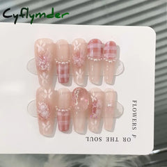 Cyflymder 10pcs Aurora Cat Eye Coffin Handmade Press on Nails Cherry Blossom False Nails Sweet French Tip Nail Art Wearable Manicure Nails