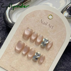 Cyflymder 10Pcs Short Handmade Press On Nails French Cat Eye Design Nail Tips Full Cover False Nail for Women&Girls Autumn and Winter Nail