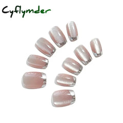 Cyflymder 10Pcs Short Handmade Press On Nails French Cat Eye Design Nail Tips Full Cover False Nail for Women&Girls Autumn and Winter Nail