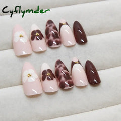 Cyflymder 24pcs Autumn Brown French Fake Nails Sweet Cool Wearing False Nails Wearable Full Cover Leopard Print Almond Press on Nails