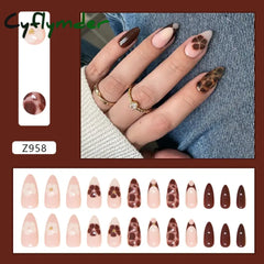 Cyflymder 24pcs Autumn Brown French Fake Nails Sweet Cool Wearing False Nails Wearable Full Cover Leopard Print Almond Press on Nails