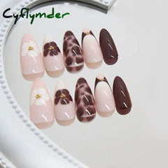 Cyflymder 24pcs Autumn Brown French Fake Nails Sweet Cool Wearing False Nails Wearable Full Cover Leopard Print Almond Press on Nails