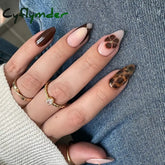 Cyflymder 24pcs Autumn Brown French Fake Nails Sweet Cool Wearing False Nails Wearable Full Cover Leopard Print Almond Press on Nails