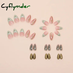 Cyflymder 24pcs Baroque Gold False Nails Green Crocodile pattern Fake Nails Tips Women Wearable Detchable French Almond Press on Nails