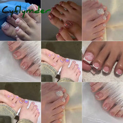 Cyflymder 24pcs/box Fashion Aurora Fake Toenails Cat Eye Short Square Foot Nails Super Shiny Full Cover Toe Nails for Women Girl
