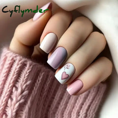 Cyflymder 24Pcs Mid-length Ballet False Nails Red Love Pattern Design Press on Nails Simple Wearable Finished Coffin Fake Nail Tips