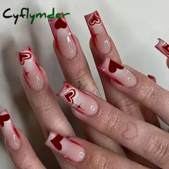 Cyflymder 24Pcs Mid-length Ballet False Nails Red Love Pattern Design Press on Nails Simple Wearable Finished Coffin Fake Nail Tips