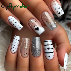 Cyflymder 24Pcs Mid-length Ballet False Nails Red Love Pattern Design Press on Nails Simple Wearable Finished Coffin Fake Nail Tips