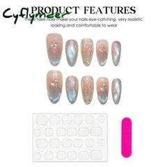 Cyflymder Handmade Press on Nails Blue Aurora Mermaid Fake Nail Patches Wearable Detachable French Pearl Almond False Nail Tips 10pcs