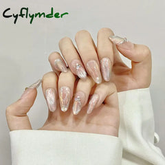 Cyflymder Handmade Press on Nails Blue Aurora Mermaid Fake Nail Patches Wearable Detachable French Pearl Almond False Nail Tips 10pcs