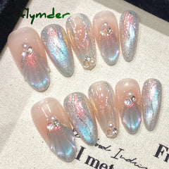 Cyflymder Handmade Press on Nails Blue Aurora Mermaid Fake Nail Patches Wearable Detachable French Pearl Almond False Nail Tips 10pcs