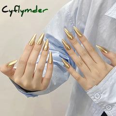 Cyflymder Handmade Press on Nails Champagne Gold Glossy Mirror Fake Nails for Women Girl Wearable Resuable Metal Color Almond False Nails