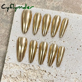 Cyflymder Handmade Press on Nails Champagne Gold Glossy Mirror Fake Nails for Women Girl Wearable Resuable Metal Color Almond False Nails