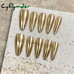Cyflymder Handmade Press on Nails Champagne Gold Glossy Mirror Fake Nails for Women Girl Wearable Resuable Metal Color Almond False Nails