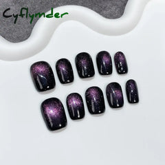 Cyflymder Handmade Y2k Press on Nails Short Korean Cat Eye Reusable Adhesive False Nails with Charm Artifical Nail Tips Stick on Nail Art