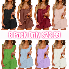 Women's Summer 2 Piece Ruffle Pajama Set Soft Sleepwear Loungewear Shorts Set