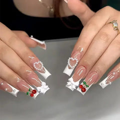 Cyflymder  24pcs White False Nails Long Ballet with French Design Flower Rhinestones Wearable Fake Nails Full Cover Press on Nails Tips Art