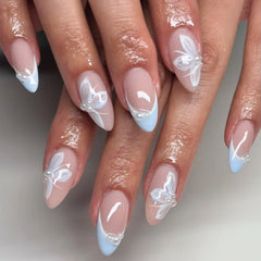 Cyflymder  24pcs Blue French Almond Press on Nails Flower False Nails with Pearl Design Wearable Stick-on Nail Fake Nails Накладные Ногти