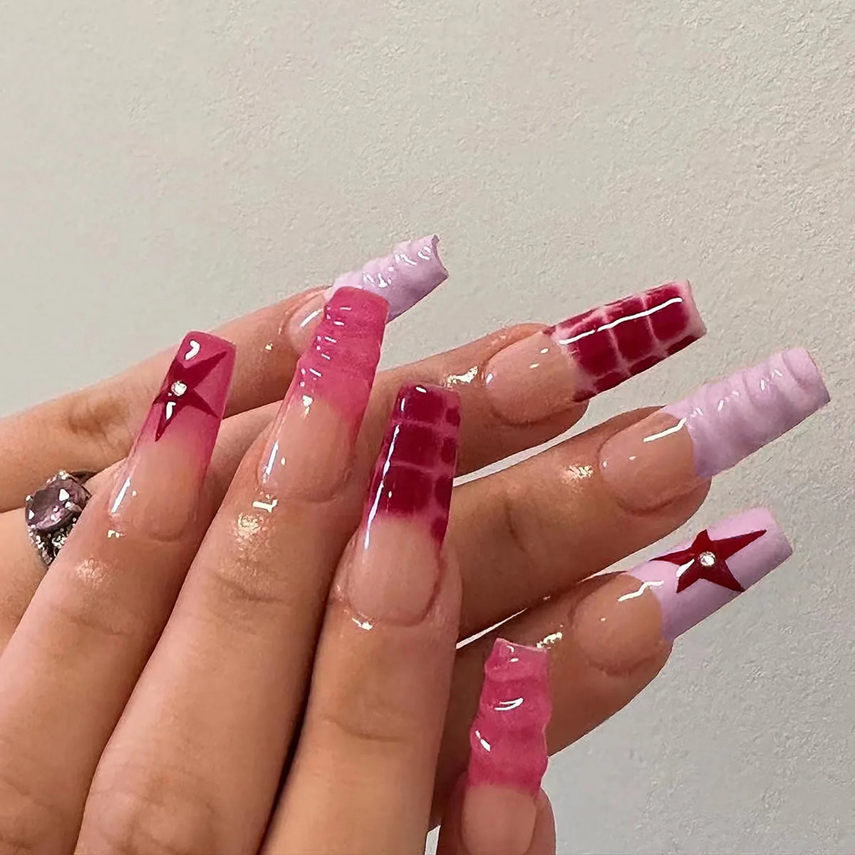 Cyflymder  24Pcs Long Square Head False Nails Press on Black Crocodile Grain French Fake Nails Star Rhinestone Reusable Full Cover Nail Tip