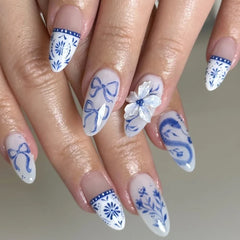 Cyflymder  Simple Halo Dyeing Blue Flowers Bowknot White French Nail Art Almond False Nails Detachable Finished Fake Nails Press on Nails