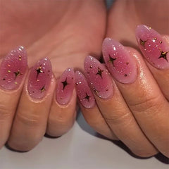 Cyflymder  Glitter Powder Stars Pink Halo Dyeing Nail Art Fashion Shiny False Nails Detachable Finished Fake Nails Press on Nails with Glue
