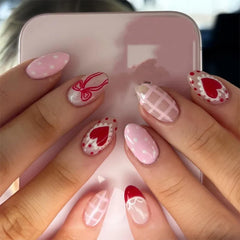 Cyflymder  24Pcs Short Almond Fake Nails Red Love Heart Cherry Star Press on False Nails Shiny Powder Grid Detachable Full Cover Nails Tips