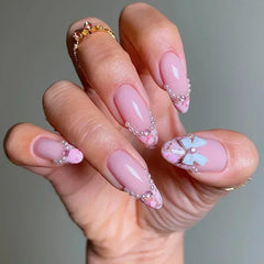 Cyflymder  24Pcs Almond False Nails Cute Strawberries with French Design Simple White Wearable Fake Nails Decoration Press on Nail Tips Art