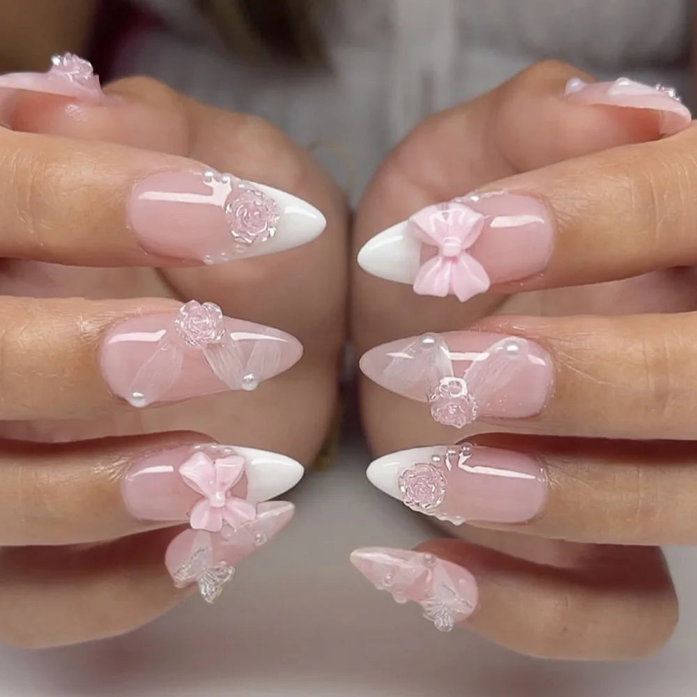 Cyflymder  24Pcs Mid-length Almond Press on False Nails White Gradient Bow Star Love Heart Fake Nails Pearl Reusable Full Cover Nails Tips