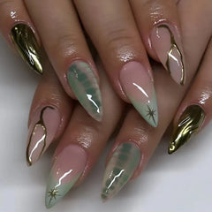 Cyflymder  24Pcs Mid-length Almond Press on False Nails Sun Totem Gilding Design Full Cover Nails Tips Pearl Detachable Finished Fake Nails