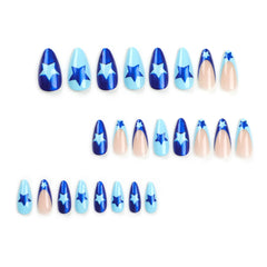 Cyflymder  Fashion Cool Light Blue Stars Deep Blue Glitter Almond Shape Fake Nails Detachable Finished False Nails Press on Nails with Glue
