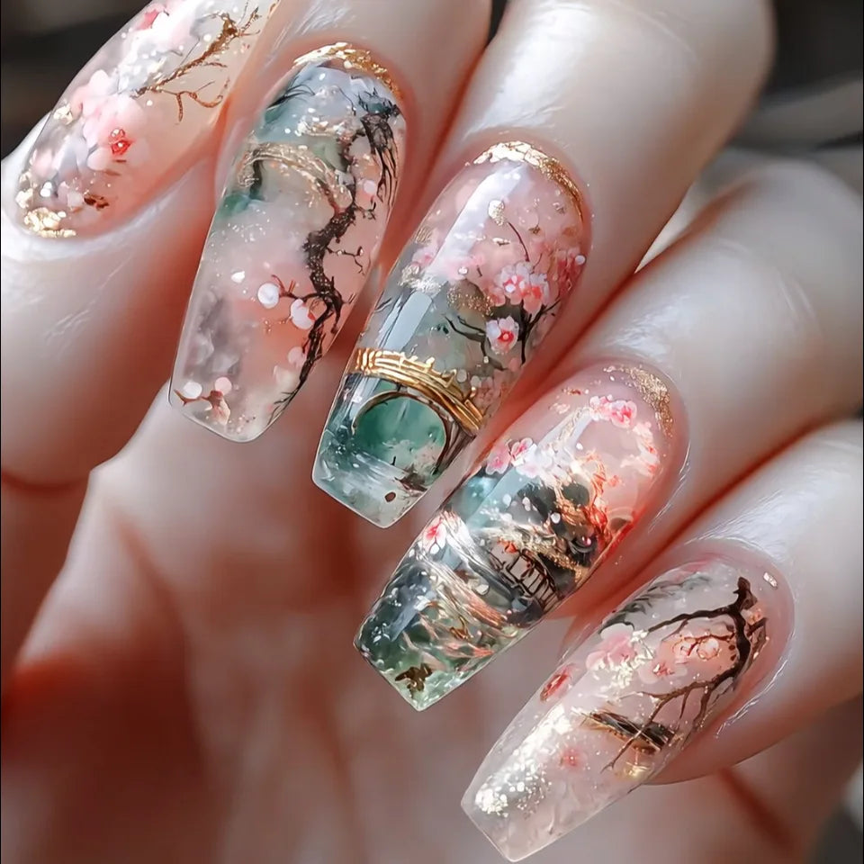 Cyflymder  24Pcs Mid-length Ballet Fake Nails Press on Orange Green Gradient Design False Nails Flower Pattern Wearable Full Cover Nail Tip