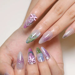 Cyflymder  Blue Ribbon Bowknot White Flora Lace Pearl French Nail Art Wearable False Nails Detachable Finished Fake Nails Press on Nails