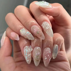 Cyflymder  24Pcs Almond False Nails Cute Strawberries with French Design Simple White Wearable Fake Nails Decoration Press on Nail Tips Art