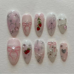Cyflymder  24Pcs Pink Smudge Press on Fake Nails Mid-length Almond Reusable False Nail Bow Heart Rhinestone Pearl Full Cover Nails Tips Art