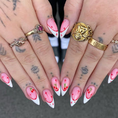 Cyflymder  24Pcs Mid-length French Almond False Nails White Edge Cherry Design Fake Nails Press on For Woman Wearable Full Cover Nails Tips