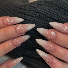 Cyflymder  24Pcs Mid-length Almond Press on False Nails White Gradient Bow Star Love Heart Fake Nails Pearl Reusable Full Cover Nails Tips