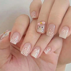 Cyflymder  Cute Pink Cat Paw Print Kitten Nail Art Shiny Nude Cat Eye Wearable Fake Nails Detachable Finished False Nails Press on Nails