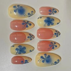 Cyflymder 10Pcs Handmade Manicure Medium Almond Fake Nails French Flower Summer Hot  Limited Press On Nails with Adhesive Nail File Set